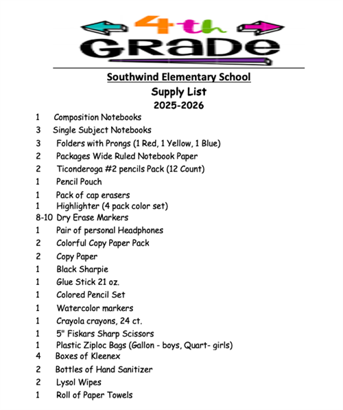 4th Grade Supply List 2025-2026